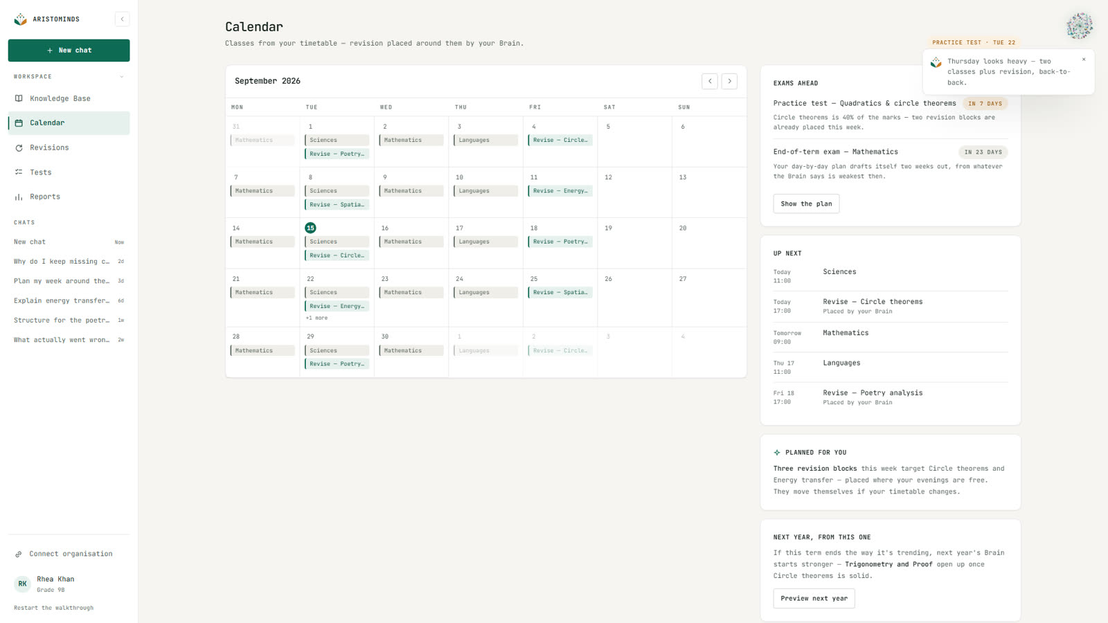 The calendar: classes from the timetable, revision blocks placed by the Brain, and the exams ahead.