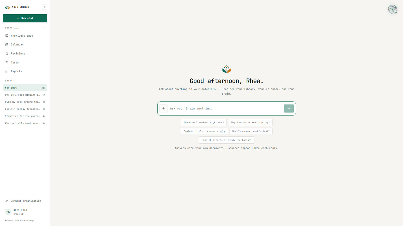 The chat: a greeting, one box to ask your Brain anything, and five suggested questions.